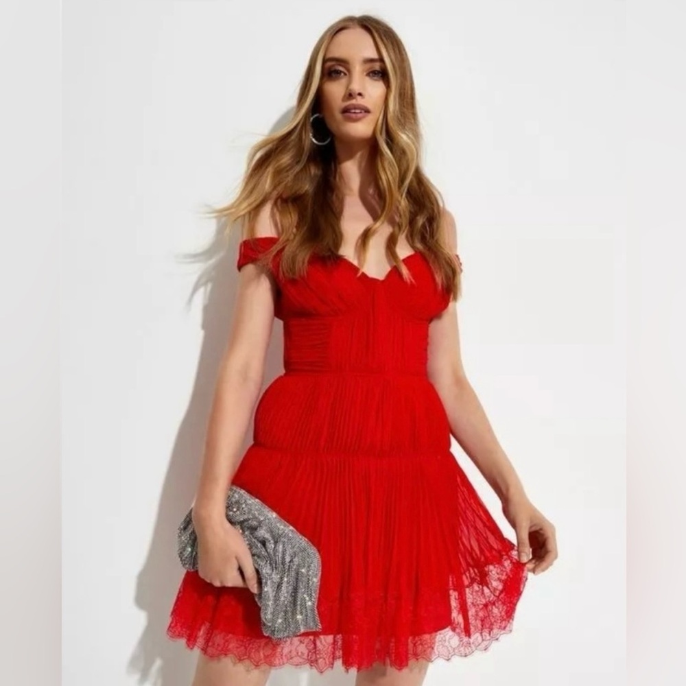 Self-Portrait Women's Off The Shoulder Pleated Chiffon Lace Mini Dress Dark Red